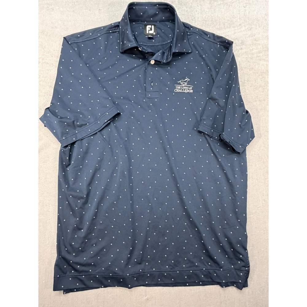 Footjoy All Over Print Golf Polo Shirt Navy Size Medium "The Links at Challedon"